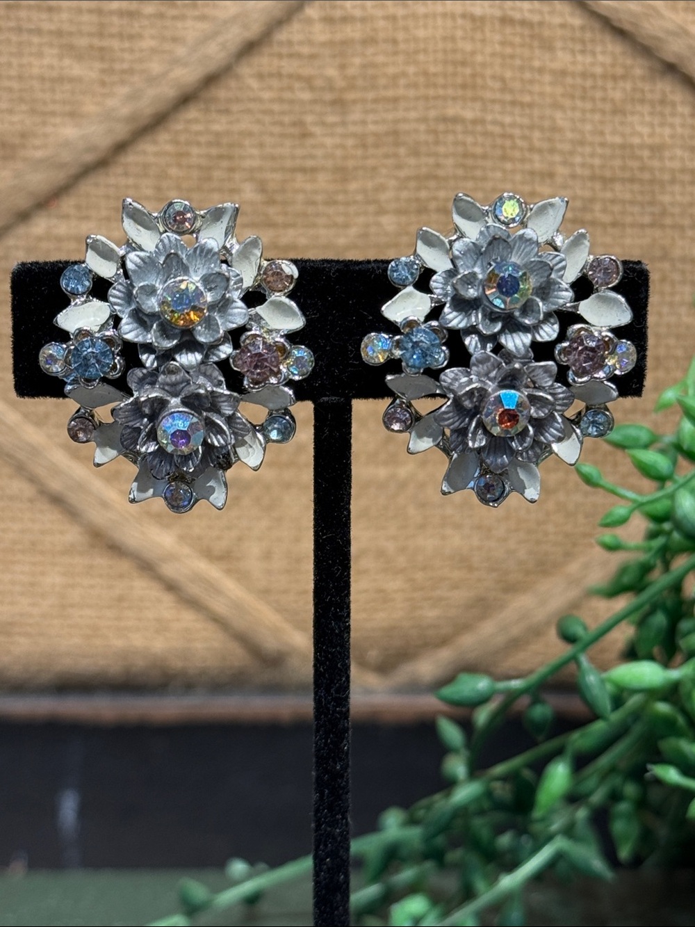 Vintage Floral Cluster Clip Earrings with Iridescent Crystals